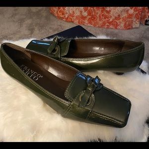 Olive green kitten heel loafers